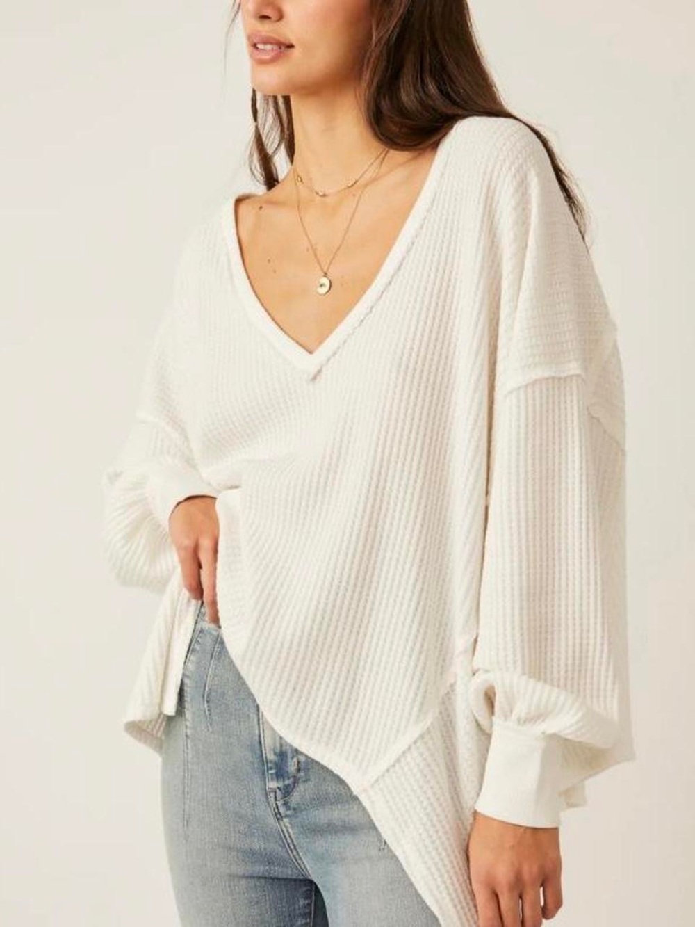 We The Free White Waffle-Knit Long Sleeve V-Neck Top